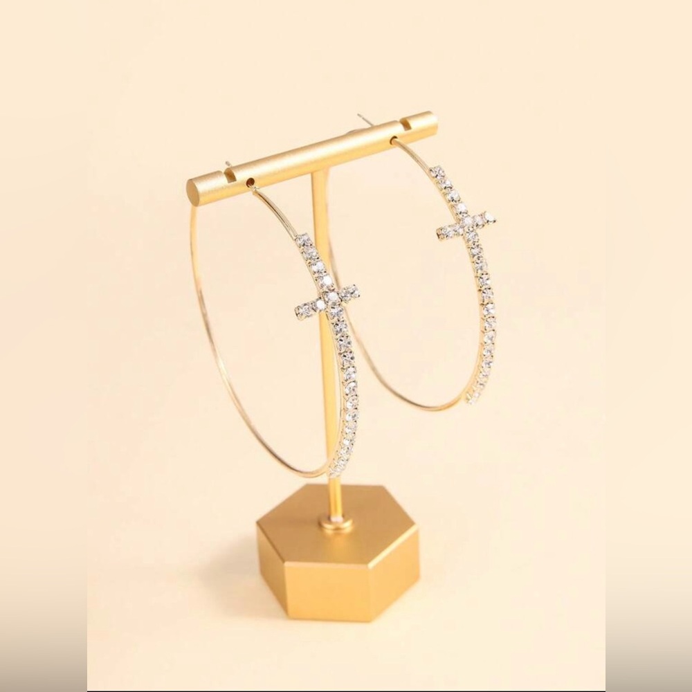 New Arrivals! Gold Hoop Cross Crystal Look Earrings - Women Jewelry
